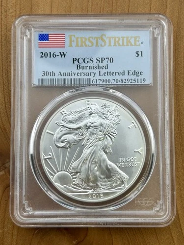2016-W PCGS SP70 Burnished American 1oz Silver Eagle $1 30th Anni Lettered .999