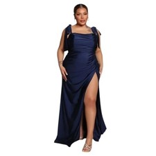 Fashion Nova Navy Ruched Satin Maxi Dress High Slit Formal Prom 1X NWT