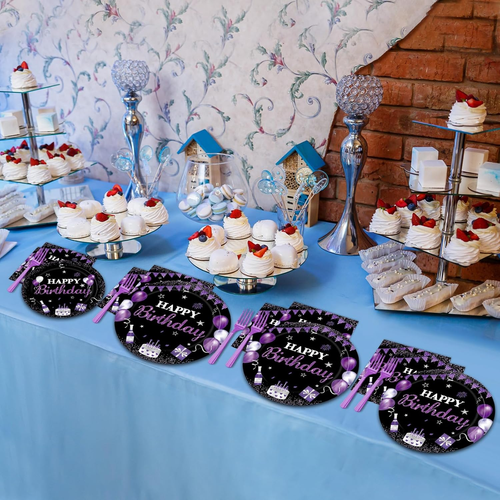 96Pcs Purple Birthday Party Supplies Purple and Black Paper Plates Napkins Happy - Picture 7 of 12
