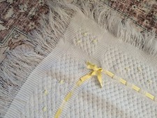 Vintage "FL Kids" Brand Knit Acrylic Baby Blanket White W Yellow Ribbon