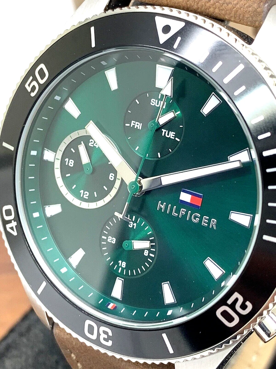 Tommy Hilfiger Men\'s Watch 1792017 Miles Quartz Green Dial Brown Leather  Band | eBay