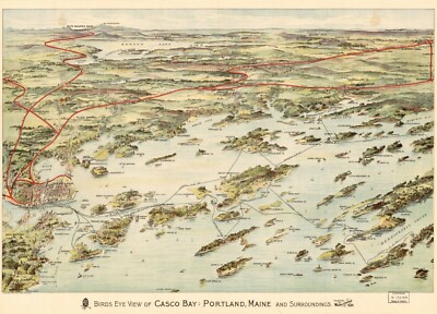 18'' x 24'' 1906 Birds Eye View Of Casco Bay Portland Maine & surroundings