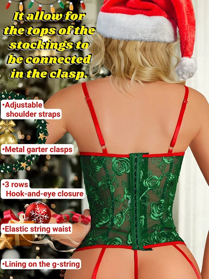 Sexy Lencería Navidad Santa Borde Difuso Body con Ligueros Tanga EE. UU. Foto 3 de 4