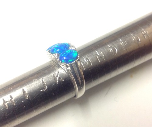 Blue Green Fire Opal three stone Ring Sterling Silver Victorian style - L / 6 - Picture 2 of 5