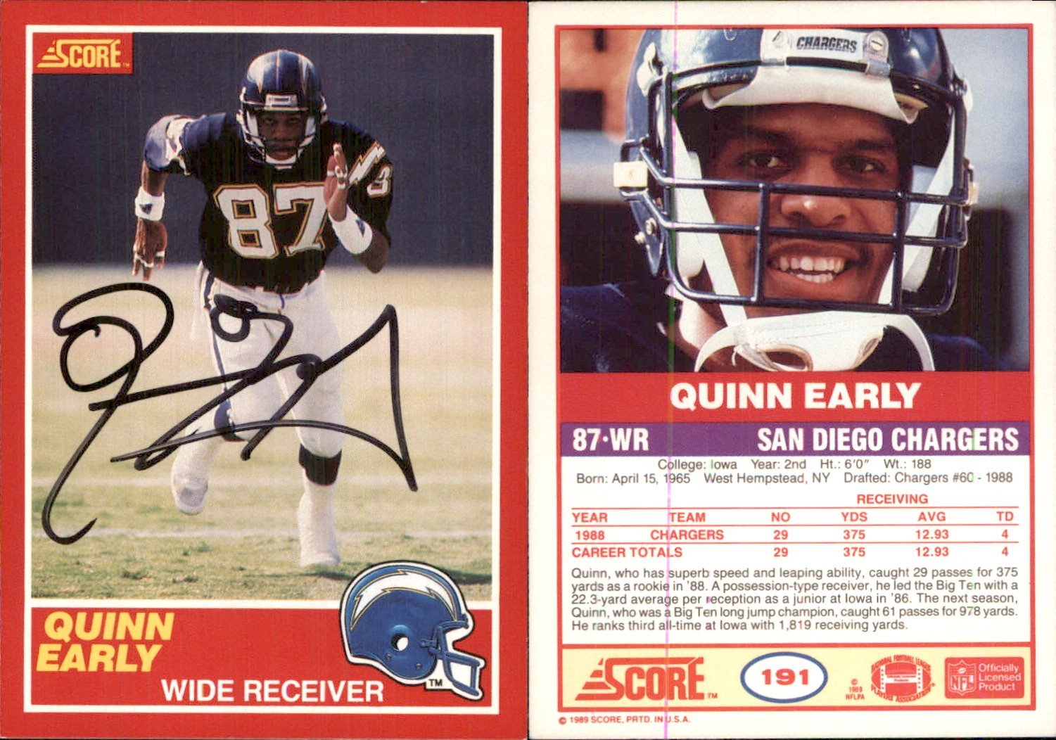 Quinn Early Signed 1989 Score #191 Card San Diego Chargers Auto AU