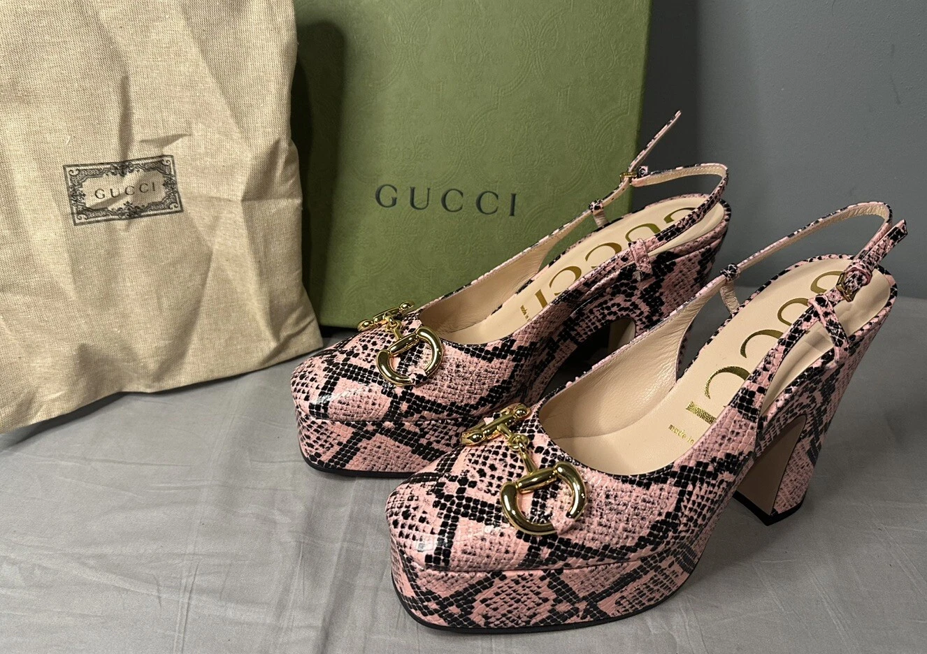 Escarpins Gucci Python Imprimé Mollet Plateforme Slingback Femme Taille 40 (US 10) Authentique
