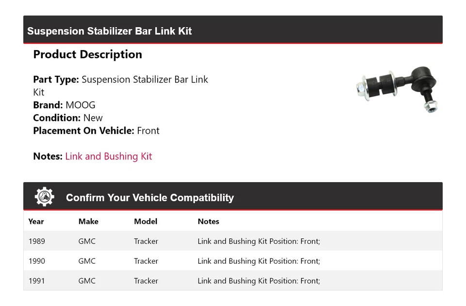 Kit de enlace de barra estabilizadora de suspensión delantera MOOG 1989-1991 GMC Tracker 1989 Foto 2 de 4