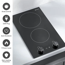 Xkitchen 2 Burner 20" Electric Radiant Ceramic Cooktop Knob Control Glass Black