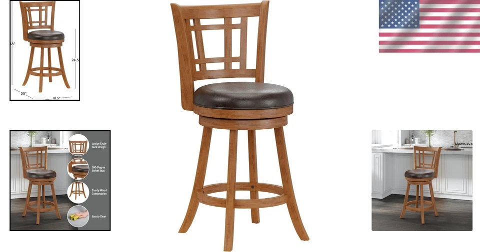 Transitional Oak Swivel Stool with Comfortable Lattice Back for Home Bars - Image 2 of 4
