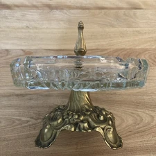 Vintage Cigarette  Ashtray crystal cut glass with metal stand trinket holder
