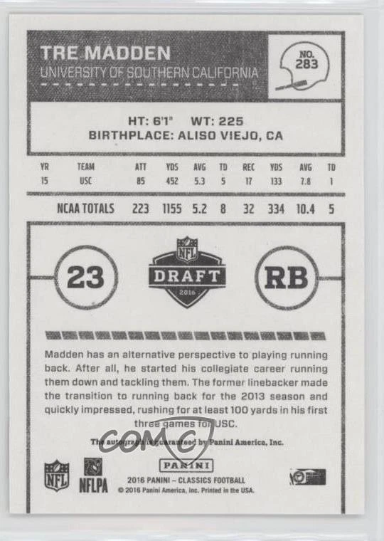 2016 Panini Classics Significant Signatures Silver /25 Tre Madden Rookie Auto RC - Image 2 of 2