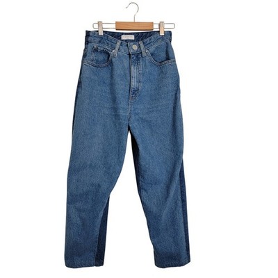 Sandro Paris Two-Tone Sz 27x26 Blue Denim Jean Taper 5 Pocket High Waist Blue