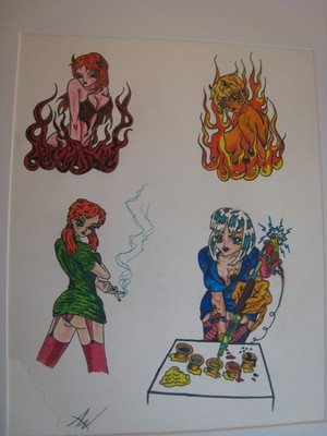 Vint.   tattoo flash  ..11 x 14 in. MATT..  ' BAD GIRLS ' # 02, ORIGINAL