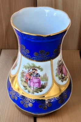 Vintage Zoller & Born Bavaria Handarbeit Blue & Gold Vase Romatic Courting Scene