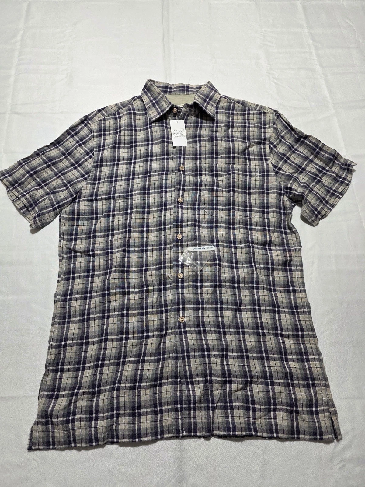 Jos. A. Bank Button Up Checkered 100% Linen Gray Blue Short Sleeve Shirt Size M