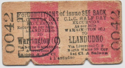 Cheshire Lines (CLC) Eisenbahnticket Warrington C. nach Llandudno-North Wales SS Co