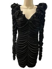 Amable by Mable Anthropologie Black Ruched Mini Dress, Flowered Neck Sz L Flaw