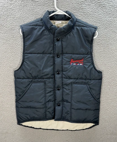 Vintage Aristo Jac Vest Adult Medium Blue Satin Puffer Workwear Chore 80s 90s - product listing photo