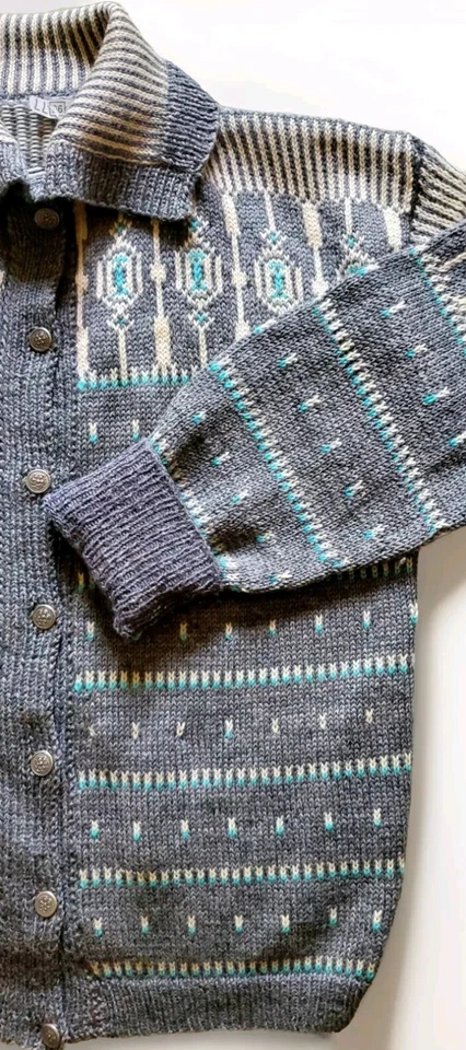 Suéter de Colección Años 60 Tradicional Nórdico Todo Lana Cuello Grande y Botones de Peltre Talla L Foto 4 de 4
