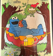 Vintage Playskool Sesame Street Wooden Puzzle 1988 Cookie Monster in Hammock