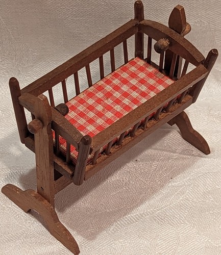 VINTAGE DOLLHOUSE MINIATURE FURNITURE WOODEN BABY CRIB CRADLE ROCKER ...