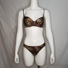 Victoria's Secret Second Skin Satin Demi Bra Bikini Set 36B M Gold Leopard