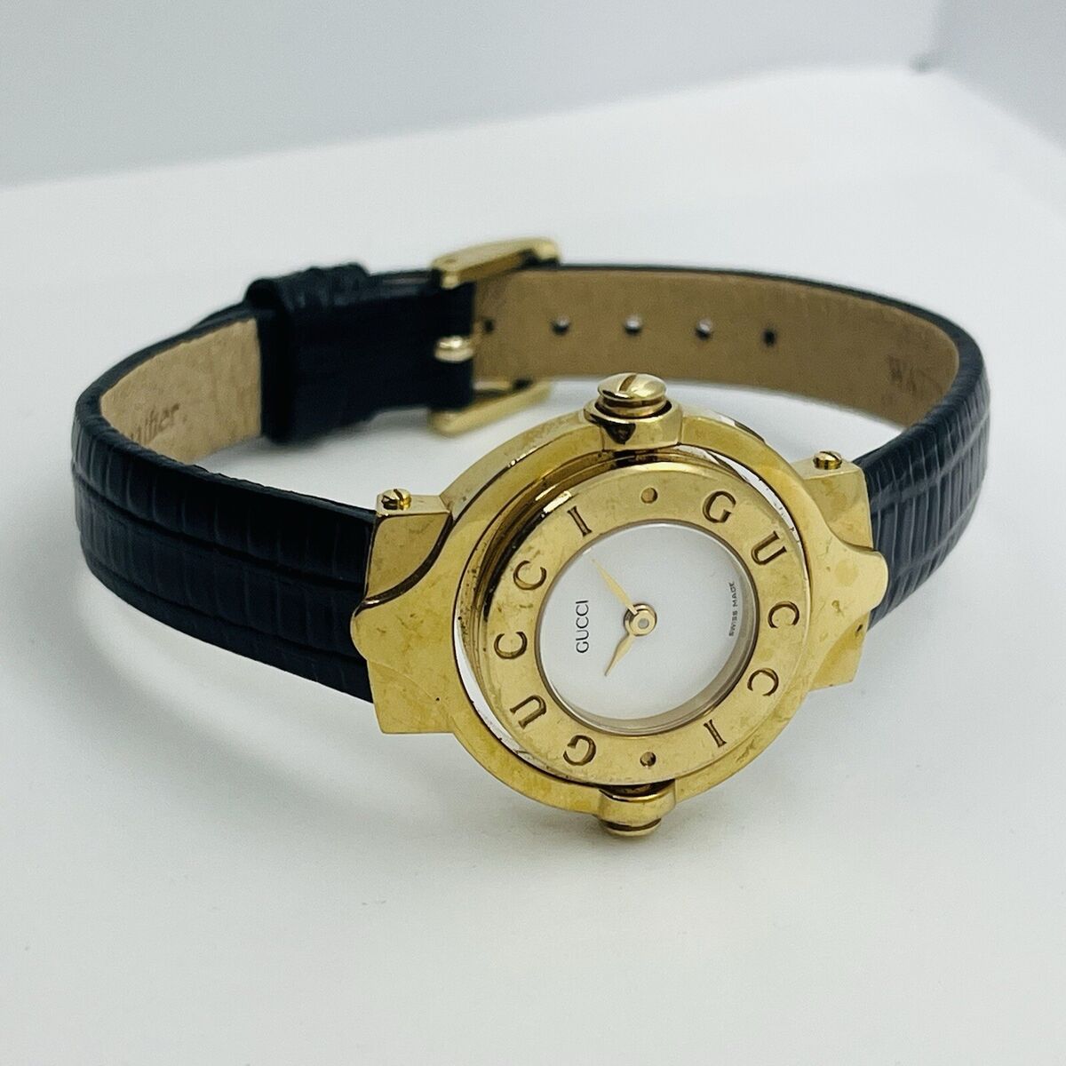 Gucci Reverso Women Gold Steel Black Leather Band 26mm Gucci Reverso Women Gold Steel Black Leather Band 26mm