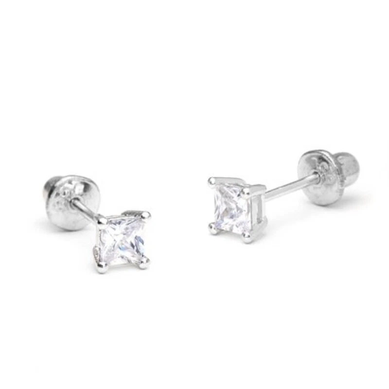 Aretes pequeños con pasador de diamantes Princesa de 1,6 mm en oro blanco de 14 k Foto 2 de 2