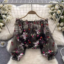 Women Florwer Embroidered Sheer Mesh Top Off-Shoulder Shirt Puff Sleeve Blouse