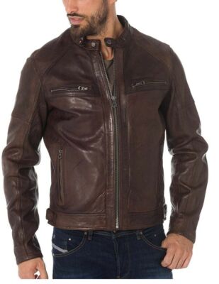 Men Bomber Biker Motorcycle Jacket Genuine Lambskin Leather Retro Brown Jacket