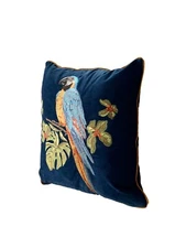 Bird Pillow Blue Macaw Design Velvet Embroidered for  Whimsical Botanical Decor