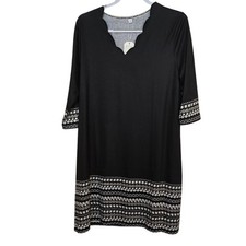 Womens Black Geometric Print Scallop Neck Shift Dress 3/4 Sleeve XL