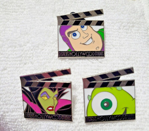 Disney Hollywood Studios Clapboards Mystery Pin Set Maleficent, Buzz, Mike Pins