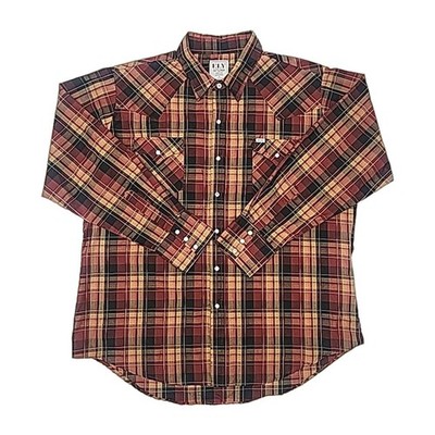 Ely Cattleman Western Shirt Pearl Snap Men Sz XL Brown Black Plaid Cowboy Rodeo