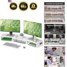 Dual Monitor Stand with Adjustable Length and Angle White Desk Organizer