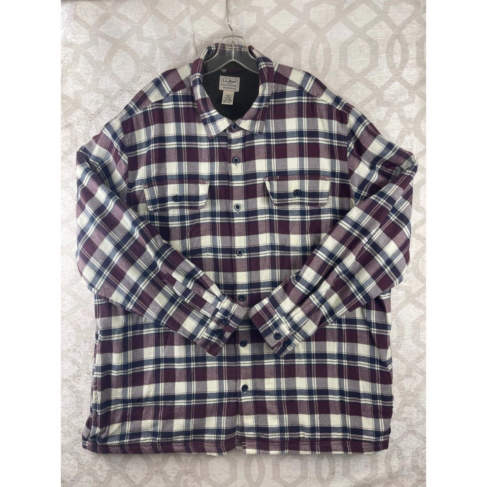 LL Bean Mens XXL Fleece Lined Flannel Shirt Jacket Plaid Burgundy Navy 298189