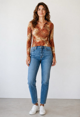 Only the Blind Women s Brown Cream Paisley Collared Long Sleeve Pullover Top L