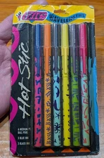 New Vintage 1991 BIC Wavelengths Hot Stic, 6 Medium Ball Pens, 3 Blue, 3 Black