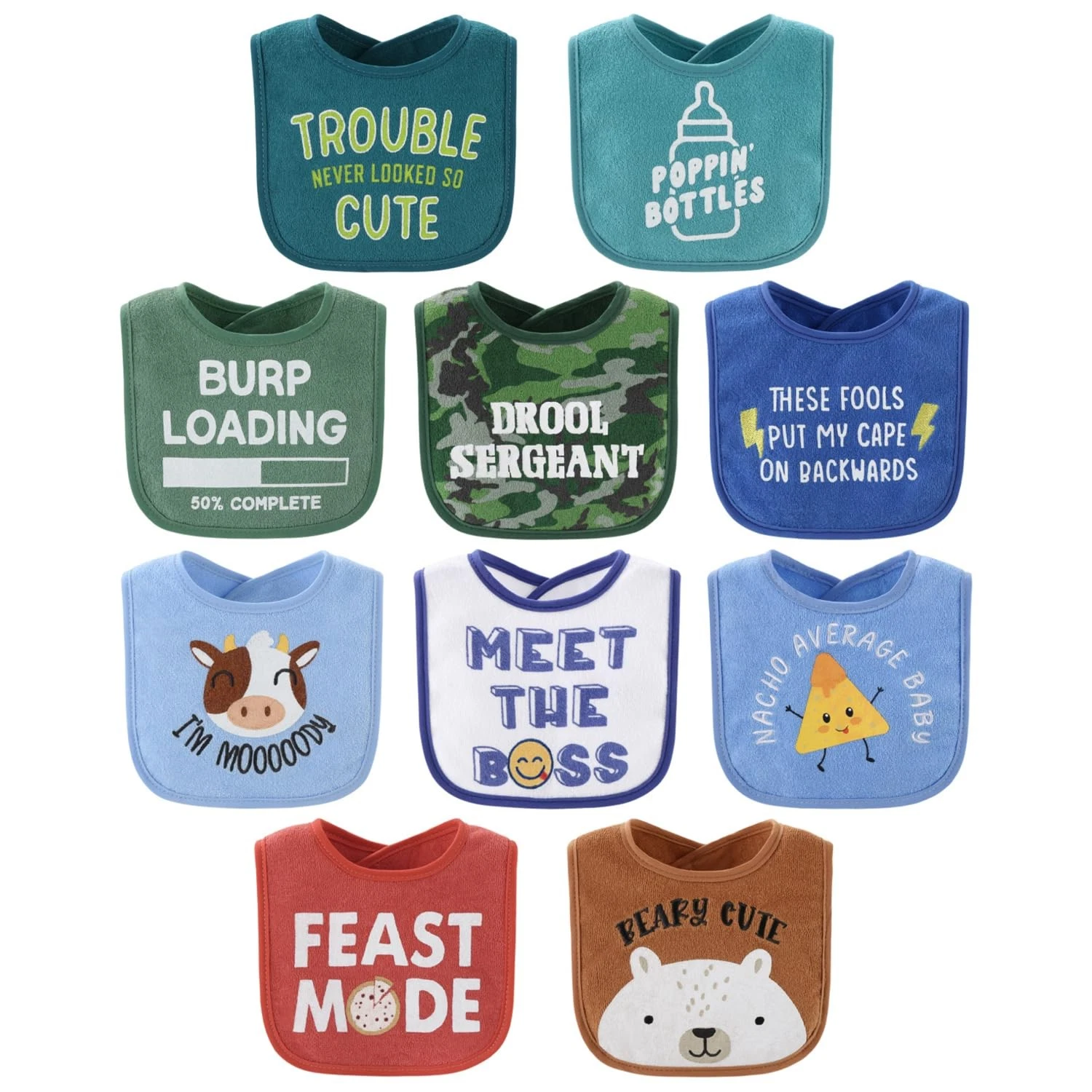 Baby Boy Terry Bibs Set of 10-100% Cotton, Soft, Absorbent Baby Bibs, Boy Set...