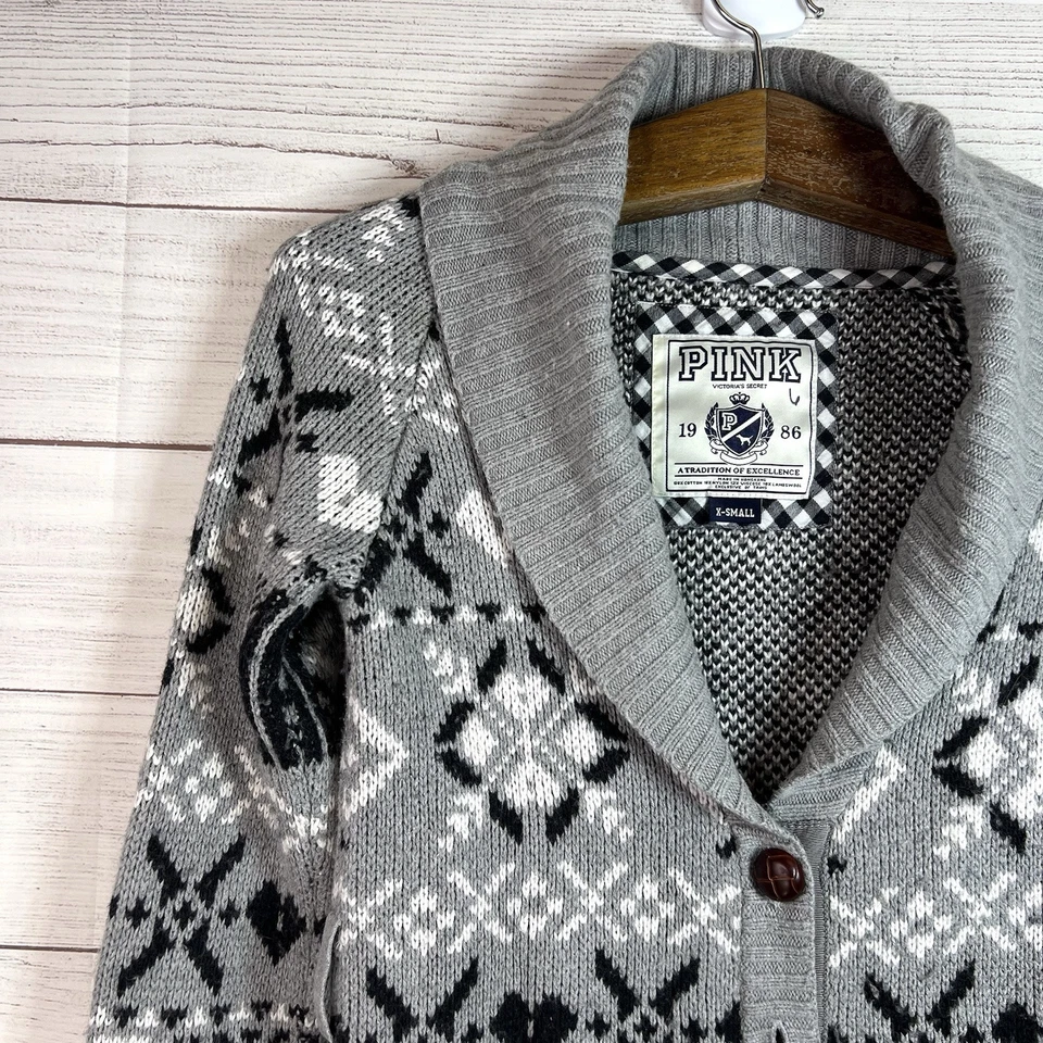 Cárdigan Victoria’s Secret Rosa Vintage Y2K Gris Negro Tejido Chal Cuello Talla XS Foto 3 de 4