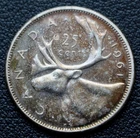 1961 CANADA 25 CENTS .800 SILVER PROOFLIKE - Queen Elizabeth II  - Some Tone