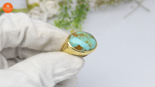 Huge Oval Kingman Turquoise Dome Ring Sterling Silver Gold Mens Chunky Ring - Video 1 of 1