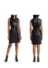 NWT CALVIN KLEIN Vegan Leather Moto Dress Zip/Tie Closure Black Size 4