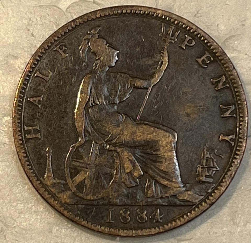 Great Britain 1884 Half 1/2 Penny Extra Fine XF Condition Coin Queen Victoria - Image 3 of 4