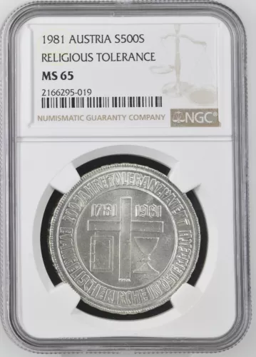 AUSTRIA - 500 SCHILLING 1981, 200th ANNIV. - RELIGIOUS TOLERANCE - NGC MS65