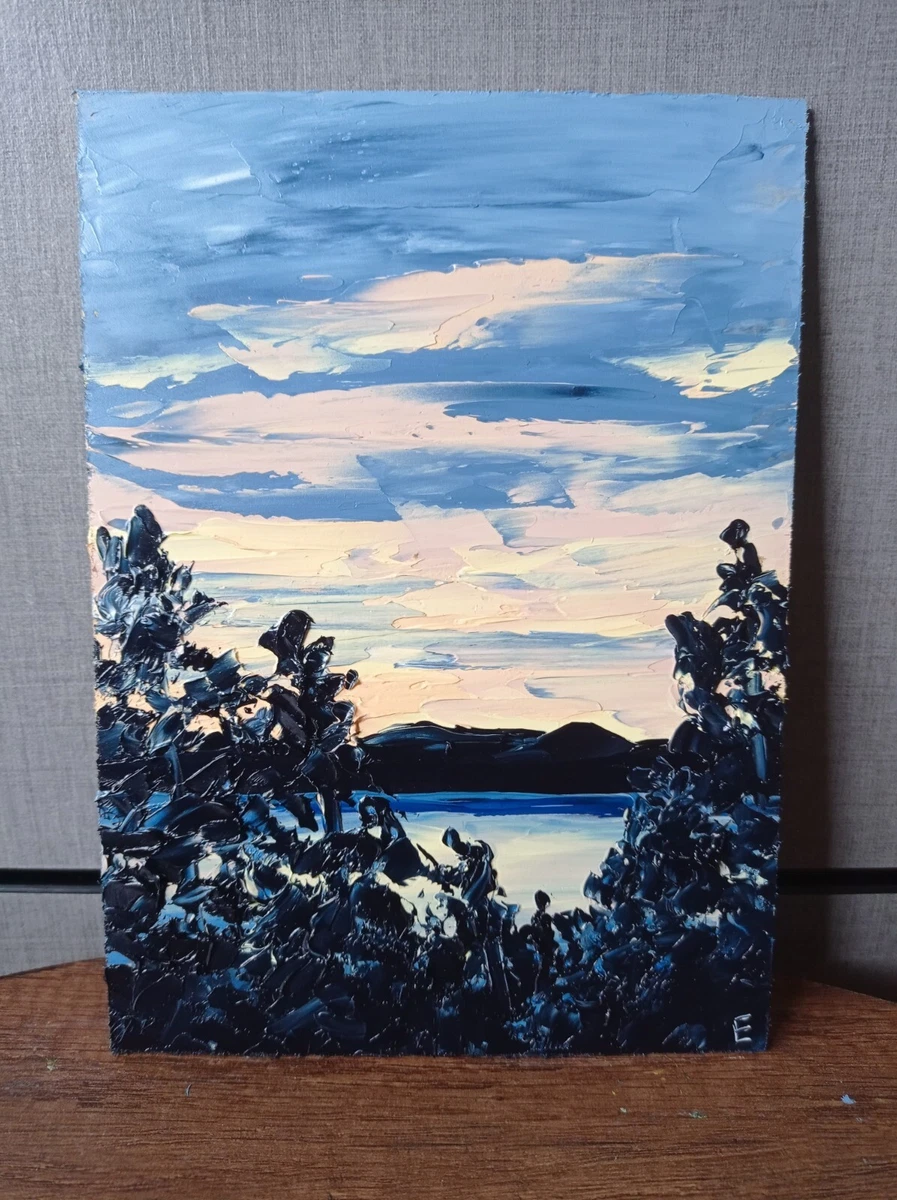 Lake Sunset Painting, Blue Landscape Watercolor Painting, Or