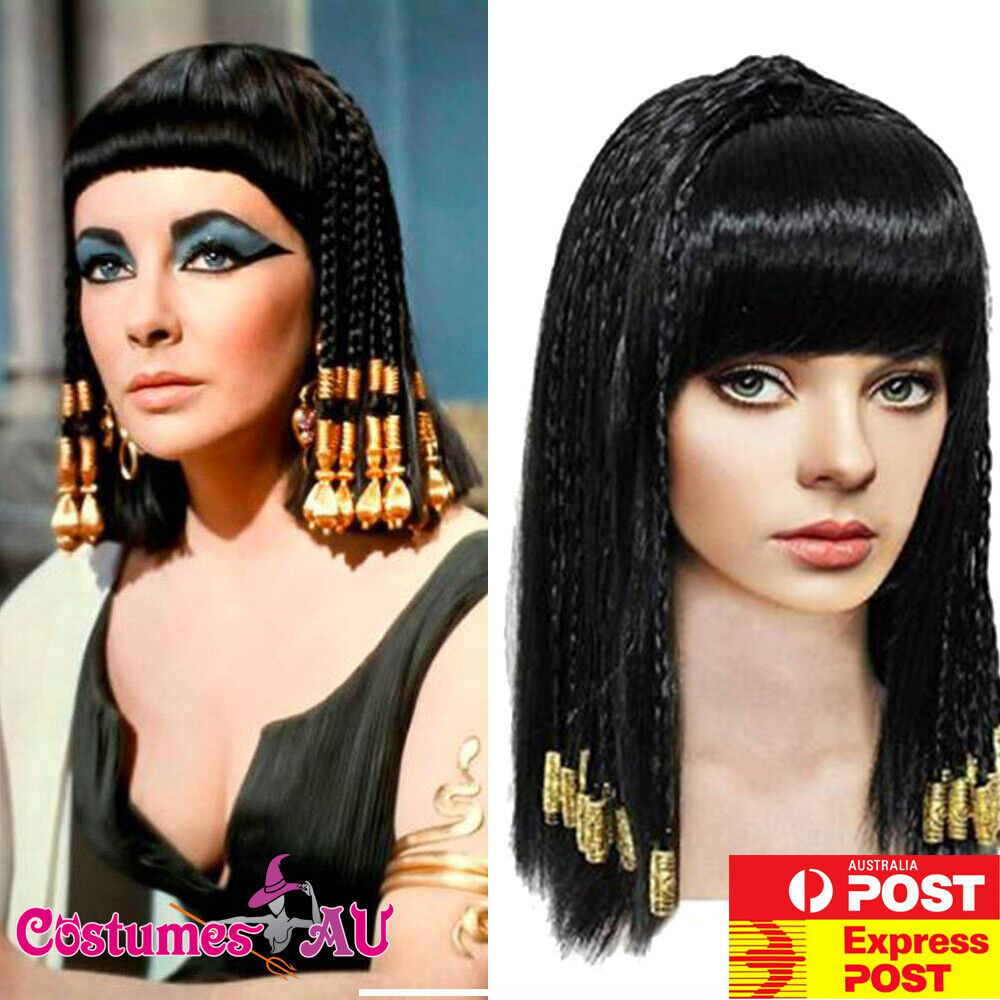 Ladies Gold Egyptian Cleopatra Black Braided Hair Wig Womens Queen Of Nile Wigs