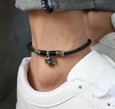 Women/ Men Genuine Leather Bless Cross Black Rope Anklet Bracelet One Size