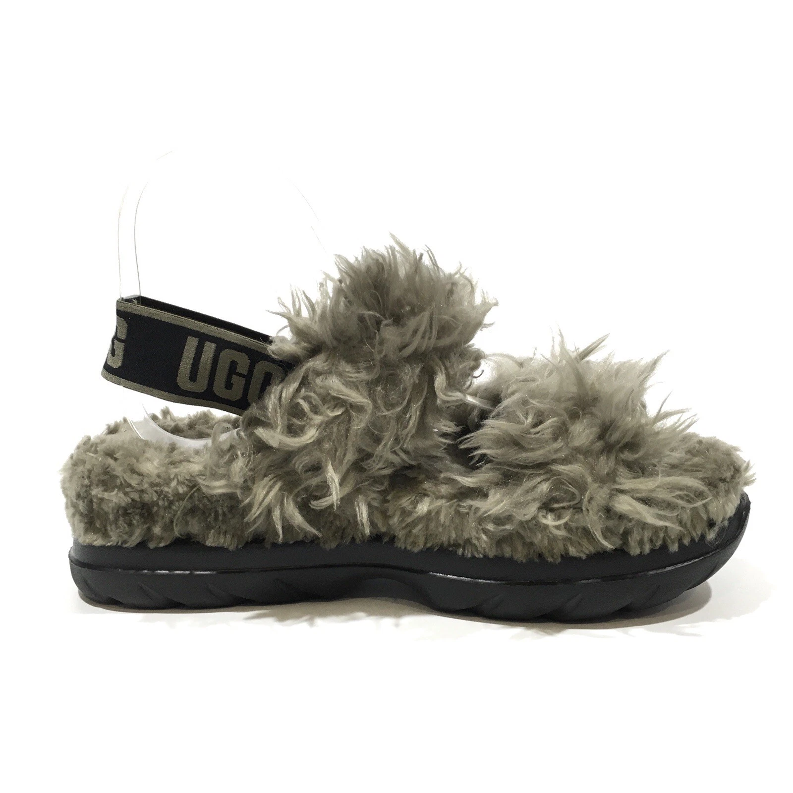 Pantofola sandalo UGG Fluff Sugar Slingback pelliccia d'oliva bruciata donna US 6 NUOVO