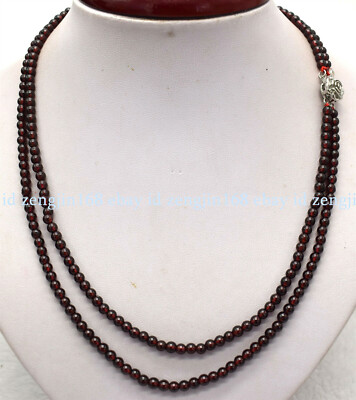 2 Rows Genuine Natural Wine Red Garnet Round Gems Beads Necklace 18-20'' AAA++